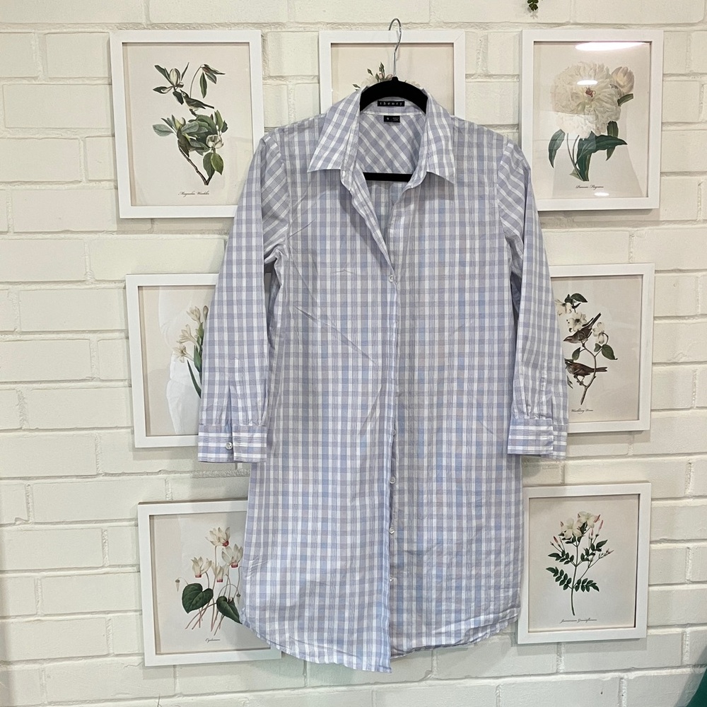 Theory Navy and White Checkered Shirt Dress